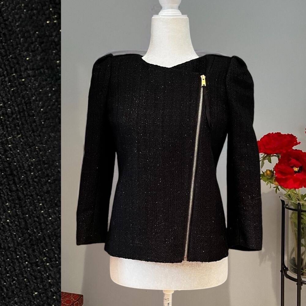 NEW Ann Taylor Wool Bouclé Metallic Shimmer Moto Career Blazer Suit Jacket Blac…